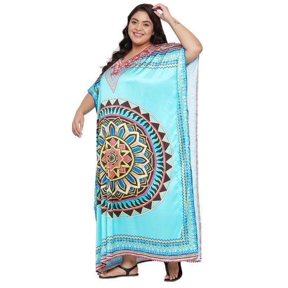 Women Plus Size Turquoise Satin Kaftan Maxi Dress Long Caftan by Gypsie Blu - Picture 5 of 8